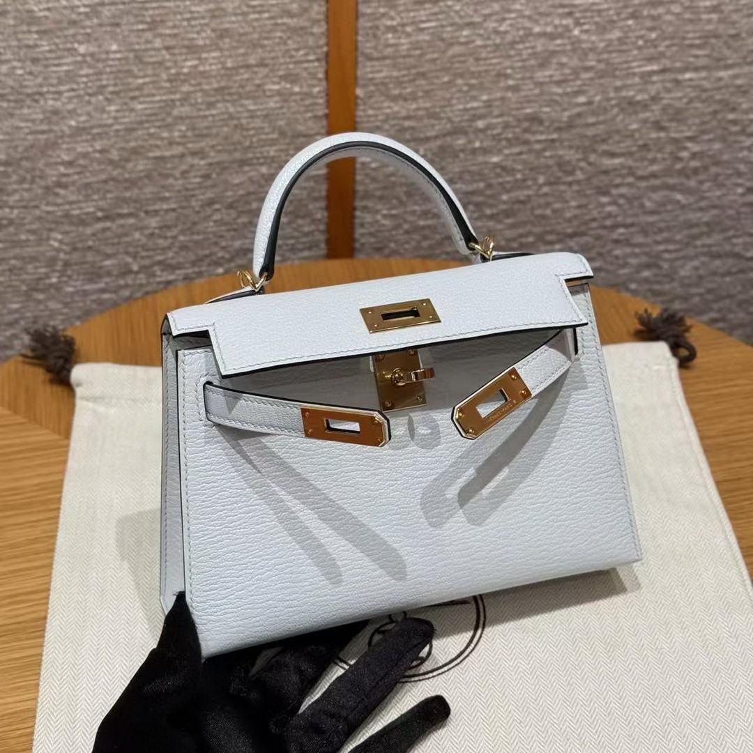 Hermes Kelly Mini 2 19CM Bag Handmade In Chèvre Calfskin Leather Gold Hardware 08 Blue Pale - Image 13