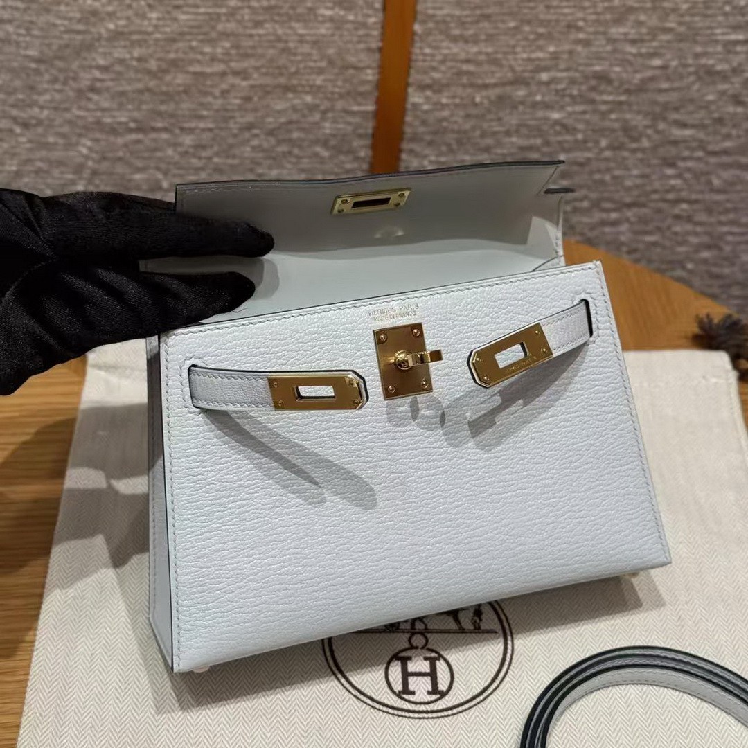 Hermes Kelly Mini 2 19CM Bag Handmade In Chèvre Calfskin Leather Gold Hardware 08 Blue Pale - Image 12