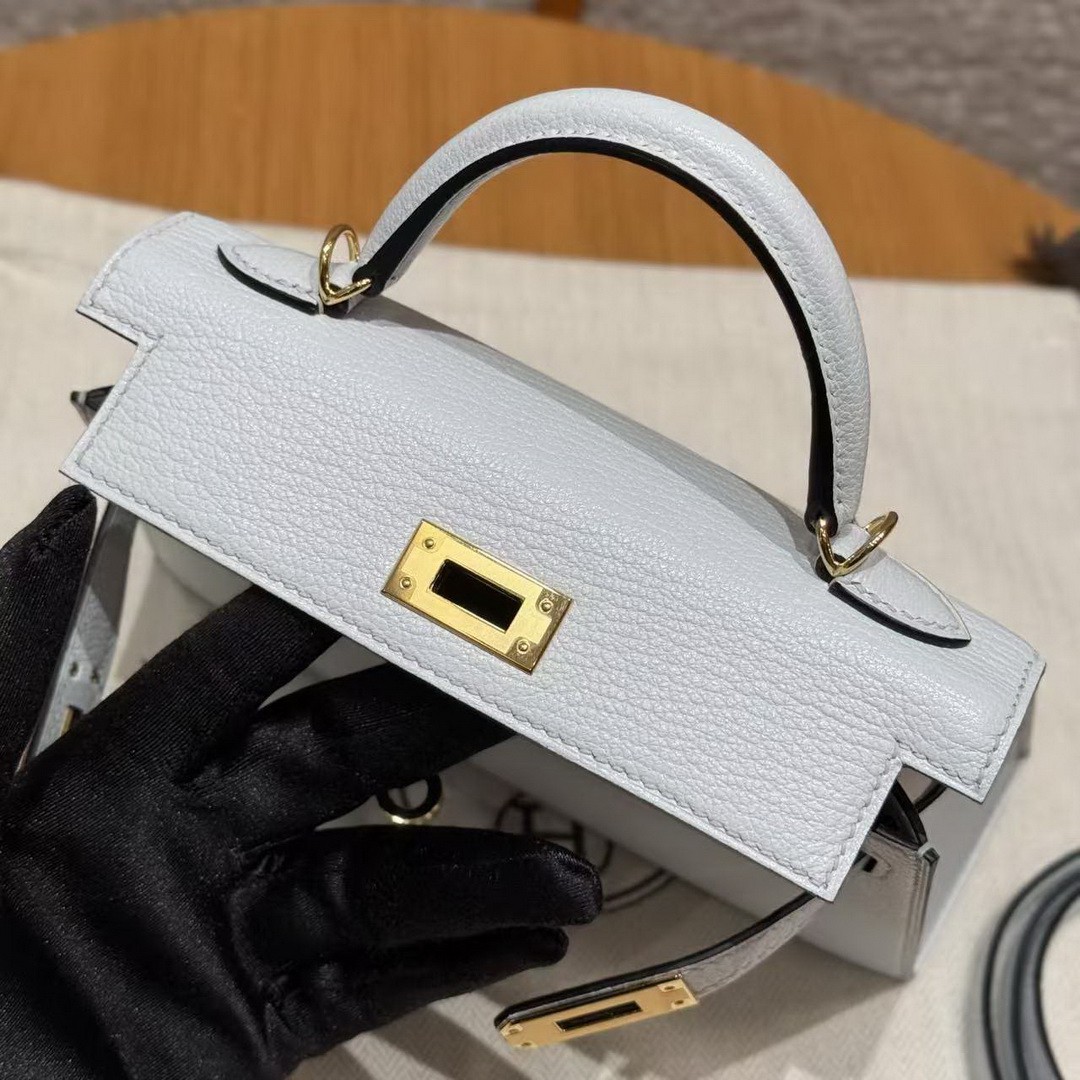 Hermes Kelly Mini 2 19CM Bag Handmade In Chèvre Calfskin Leather Gold Hardware 08 Blue Pale - Image 11