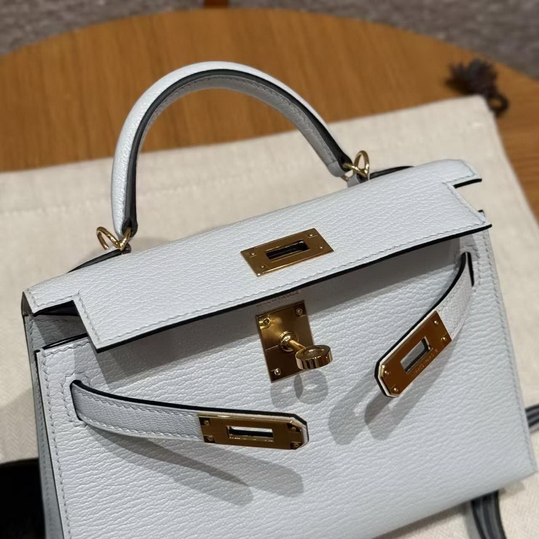 Hermes Kelly Mini 2 19CM Bag Handmade In Chèvre Calfskin Leather Gold Hardware 08 Blue Pale - Image 10