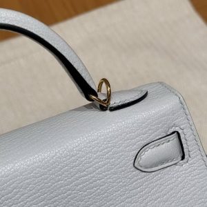 Hermes Kelly Mini 2 19CM Bag Handmade In Chèvre Calfskin Leather Gold Hardware 08 Blue Pale - Image 6