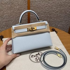 Hermes Kelly Mini 2 19CM Bag Handmade In Epsom Calfskin Leather Gold Hardware 08 Blue Pale