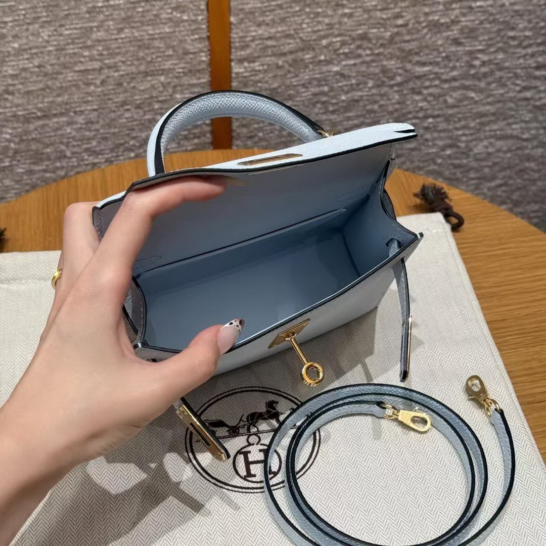 Hermes Kelly Mini 2 19CM Bag Handmade In Epsom Calfskin Leather Gold Hardware 08 Blue Pale - Image 16
