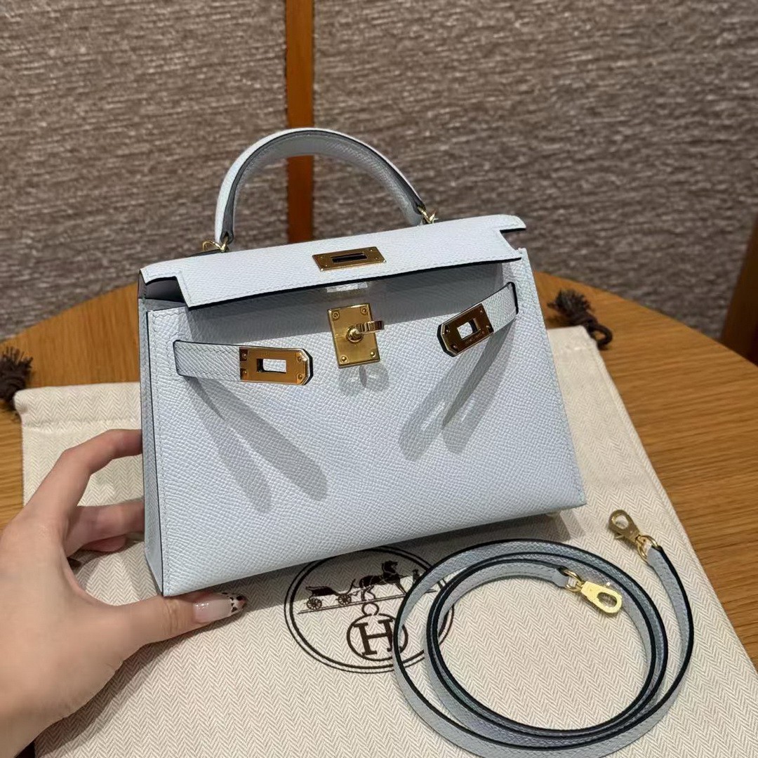 Hermes Kelly Mini 2 19CM Bag Handmade In Epsom Calfskin Leather Gold Hardware 08 Blue Pale - Image 11