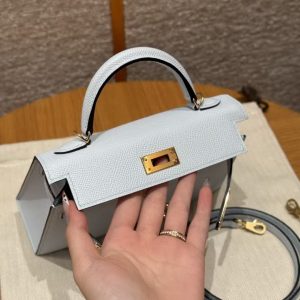 Hermes Kelly Mini 2 19CM Bag Handmade In Epsom Calfskin Leather Gold Hardware 08 Blue Pale - Image 7