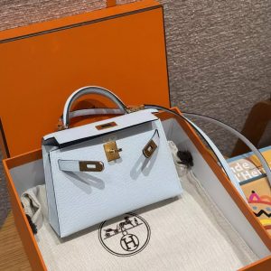 Hermes Kelly Mini 2 19CM Bag Handmade In Epsom Calfskin Leather Gold Hardware 08 Blue Pale - Image 3