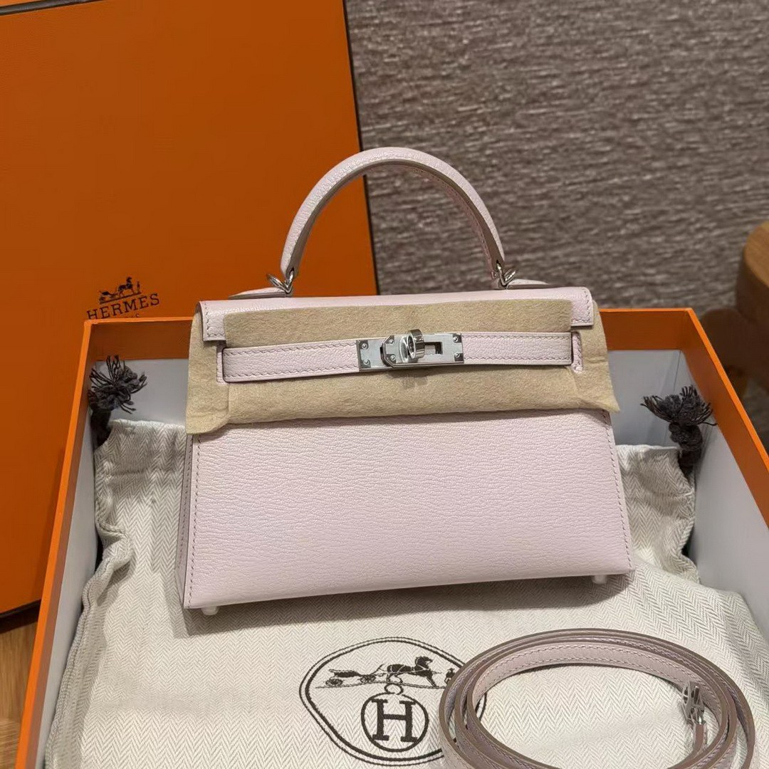Hermes Kelly Mini 2 19CM Bag Handmade In Chèvre Calfskin Leather Silver Hardware 09 Mauve Pale