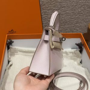 Hermes Kelly Mini 2 19CM Bag Handmade In Chèvre Calfskin Leather Silver Hardware 09 Mauve Pale - Image 19