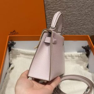 Hermes Kelly Mini 2 19CM Bag Handmade In Chèvre Calfskin Leather Silver Hardware 09 Mauve Pale - Image 18