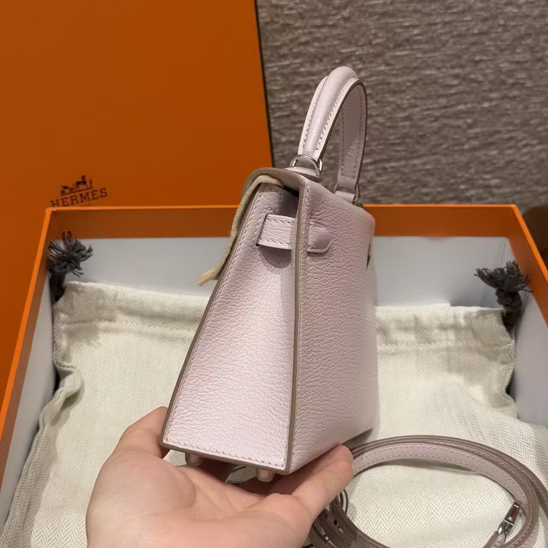 Hermes Kelly Mini 2 19CM Bag Handmade In Chèvre Calfskin Leather Silver Hardware 09 Mauve Pale - Image 18