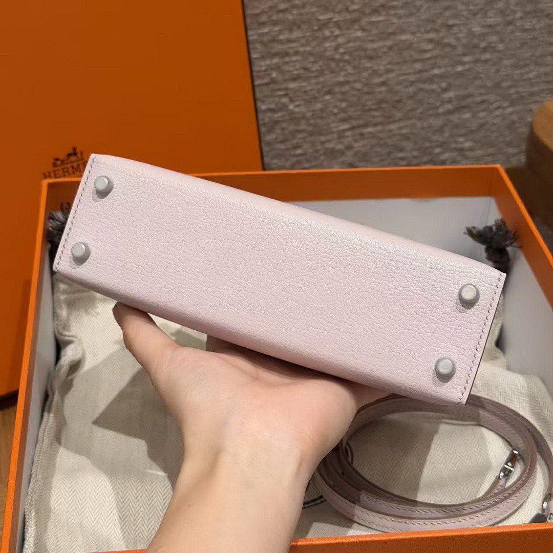 Hermes Kelly Mini 2 19CM Bag Handmade In Chèvre Calfskin Leather Silver Hardware 09 Mauve Pale - Image 17