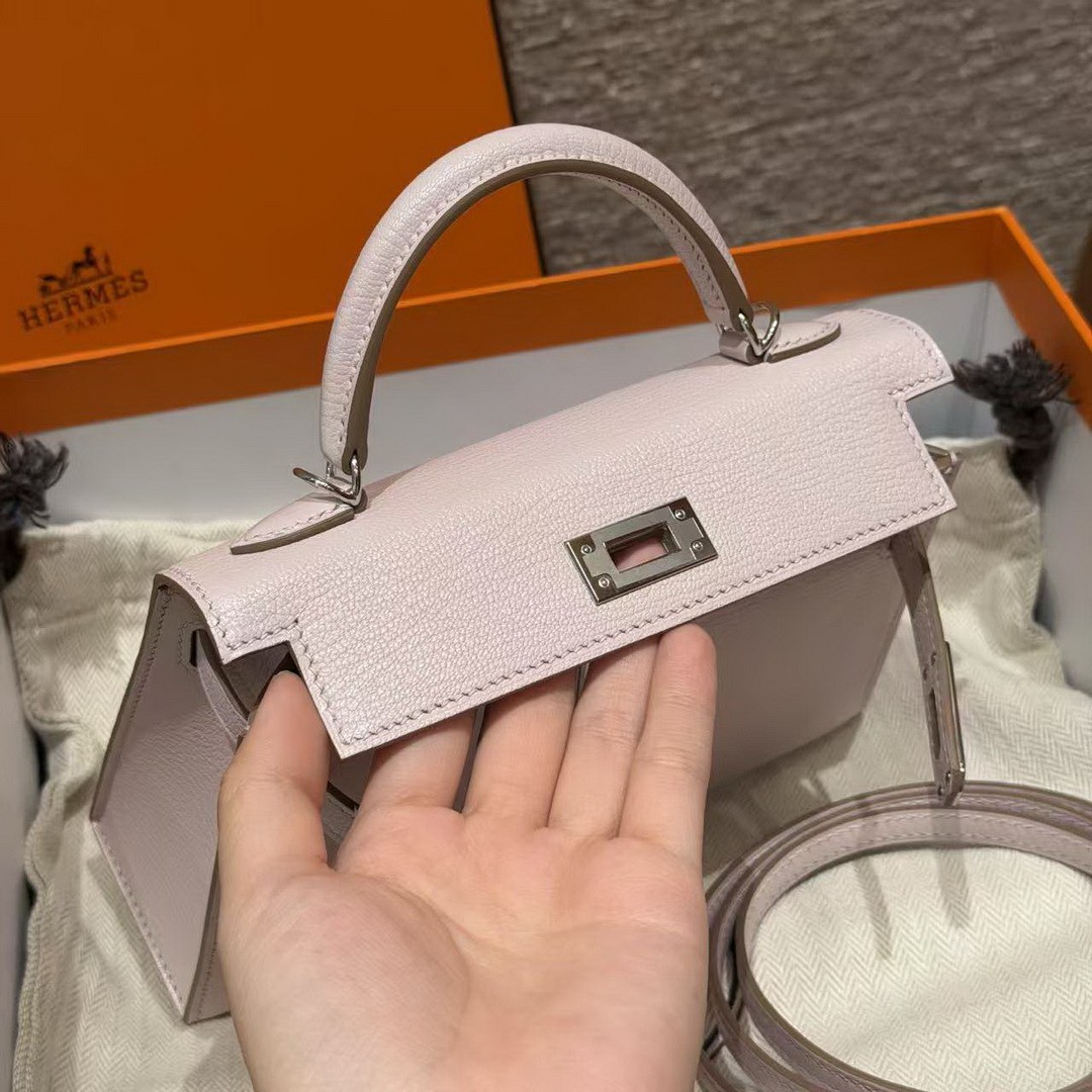 Hermes Kelly Mini 2 19CM Bag Handmade In Chèvre Calfskin Leather Silver Hardware 09 Mauve Pale - Image 15