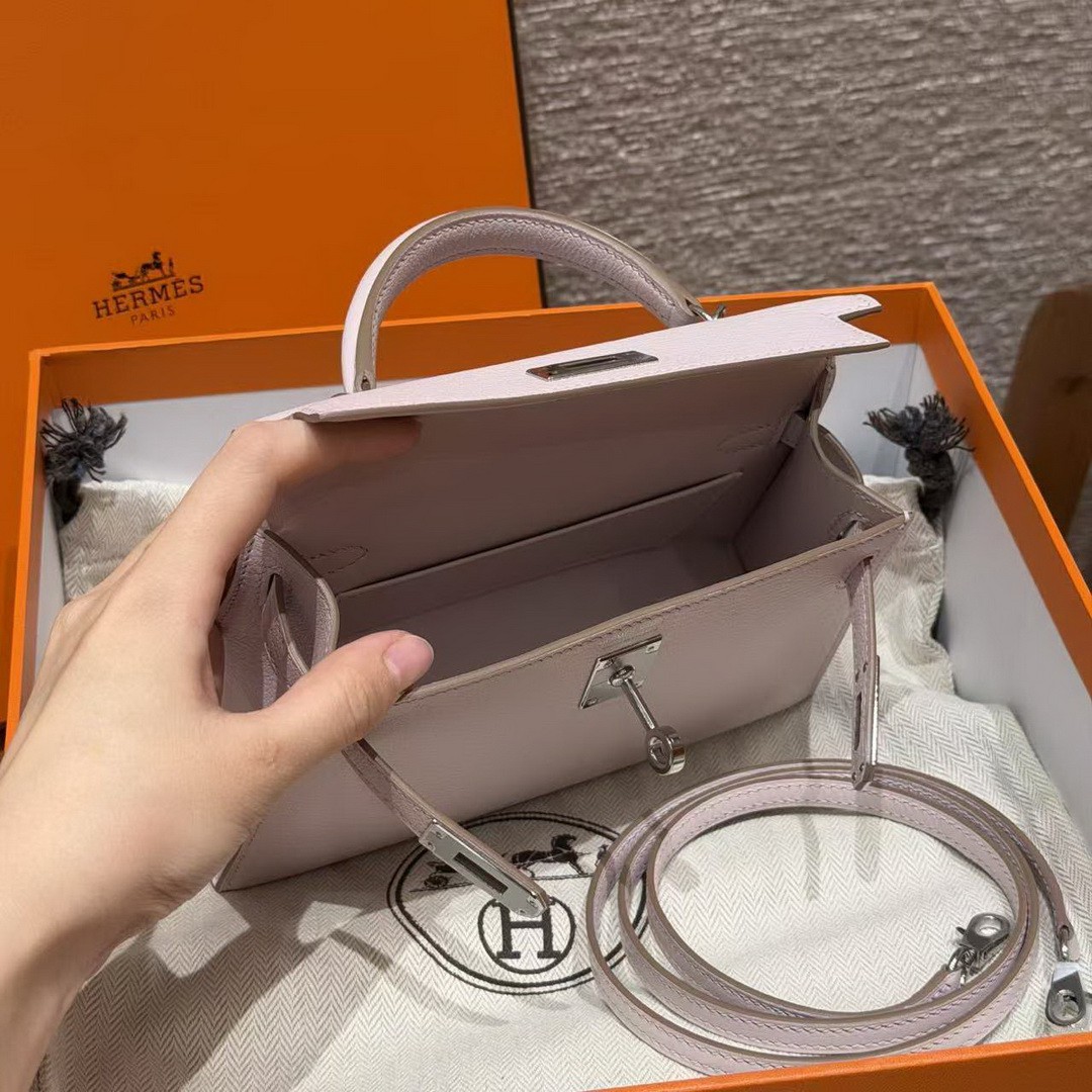 Hermes Kelly Mini 2 19CM Bag Handmade In Chèvre Calfskin Leather Silver Hardware 09 Mauve Pale - Image 14