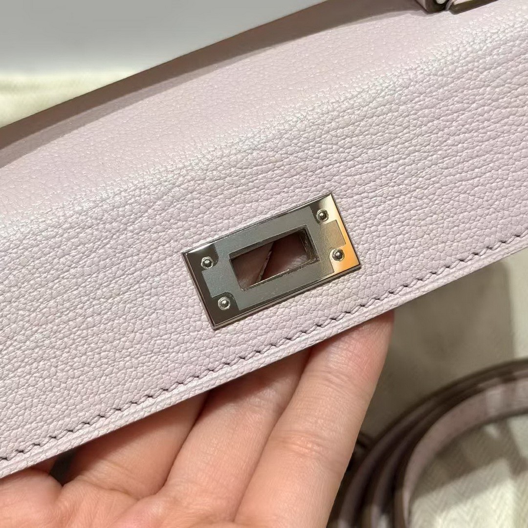 Hermes Kelly Mini 2 19CM Bag Handmade In Chèvre Calfskin Leather Silver Hardware 09 Mauve Pale - Image 13