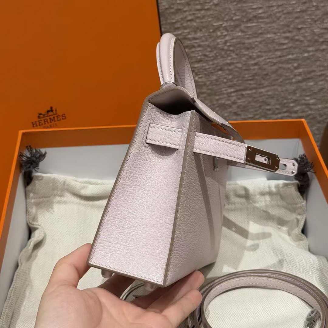 Hermes Kelly Mini 2 19CM Bag Handmade In Chèvre Calfskin Leather Silver Hardware 09 Mauve Pale - Image 12