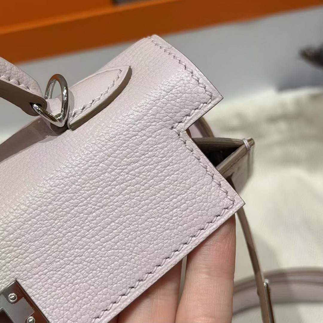 Hermes Kelly Mini 2 19CM Bag Handmade In Chèvre Calfskin Leather Silver Hardware 09 Mauve Pale - Image 11