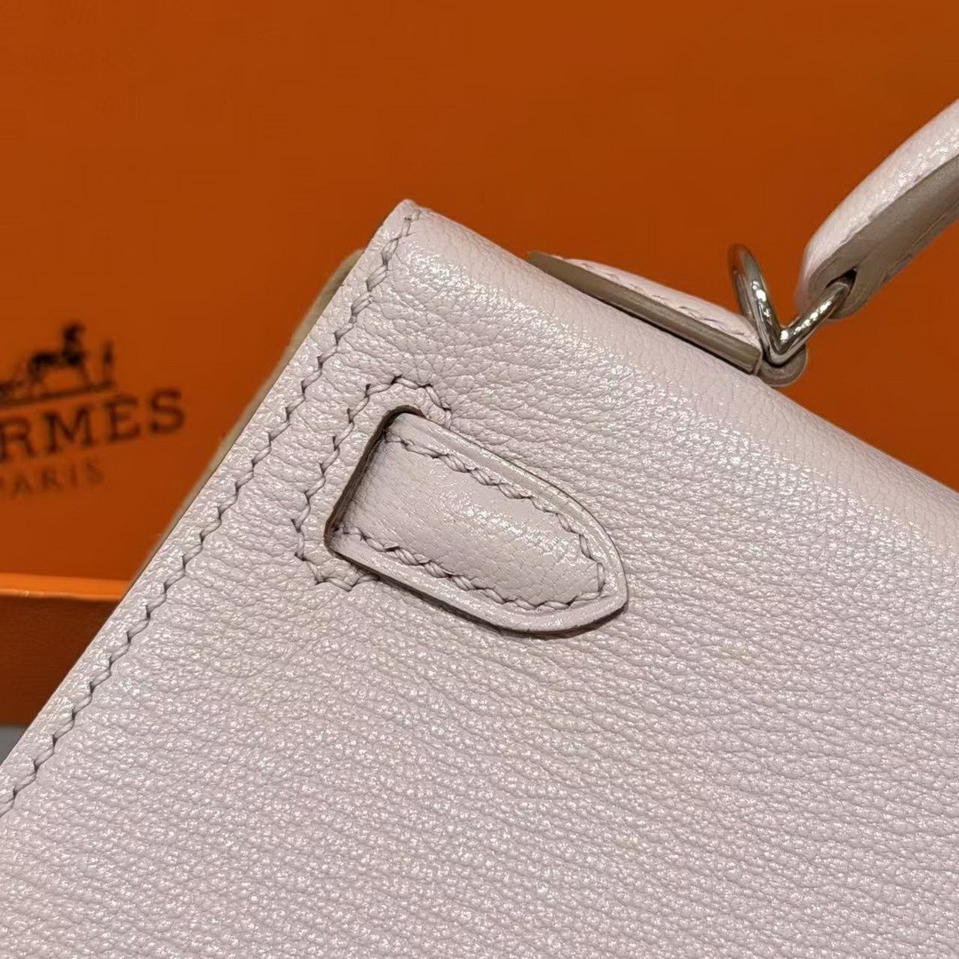 Hermes Kelly Mini 2 19CM Bag Handmade In Chèvre Calfskin Leather Silver Hardware 09 Mauve Pale - Image 10