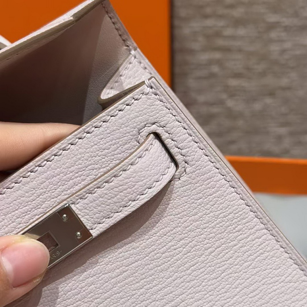 Hermes Kelly Mini 2 19CM Bag Handmade In Chèvre Calfskin Leather Silver Hardware 09 Mauve Pale - Image 7