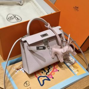 Hermes Kelly Mini 2 19CM Bag Handmade In Chèvre Calfskin Leather Silver Hardware 09 Mauve Pale - Image 3