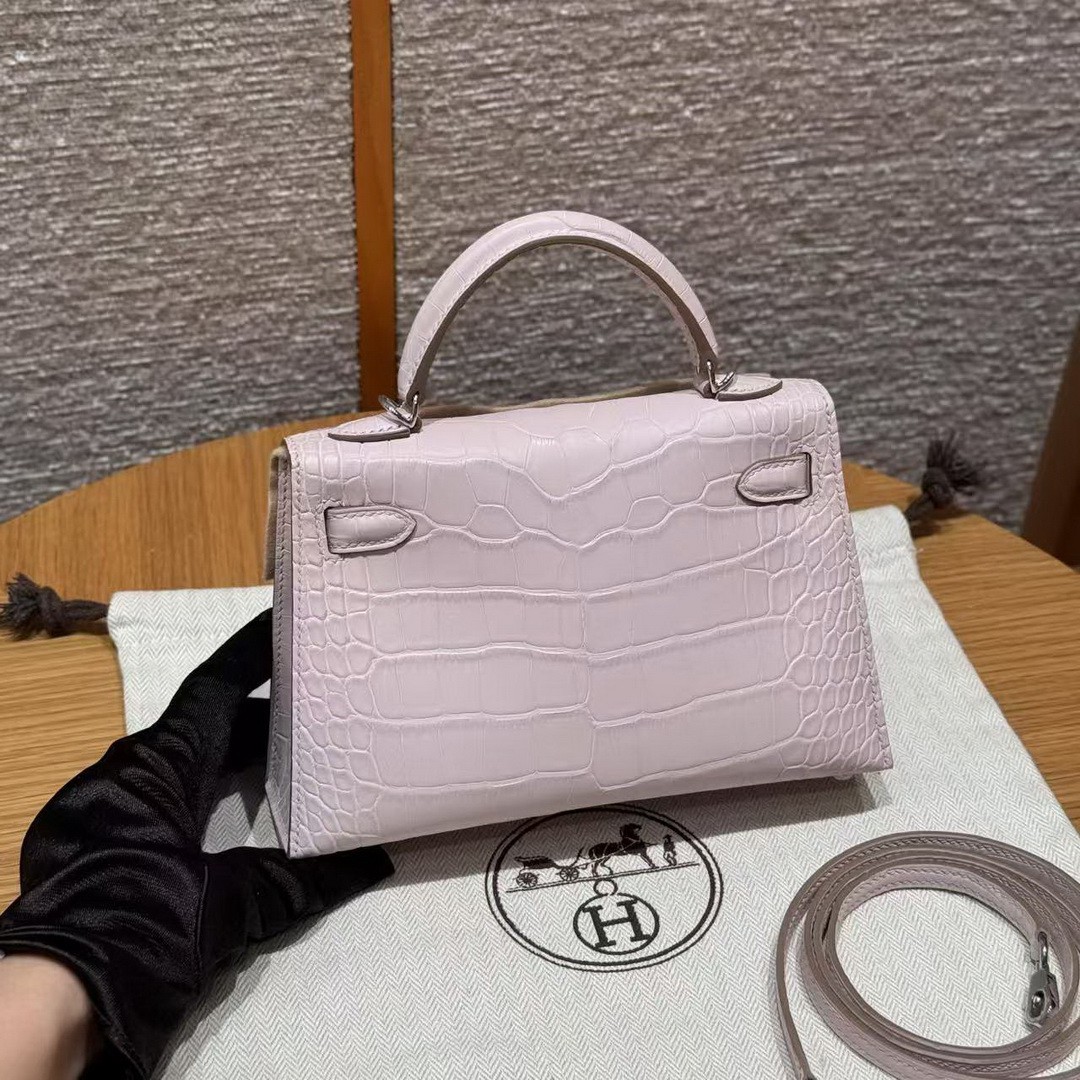 Hermes Kelly Mini 2 19CM Bag Handmade In Matte Alligator Leather from Mississippi Silver Hardware 09 Mauve Pale - Image 2
