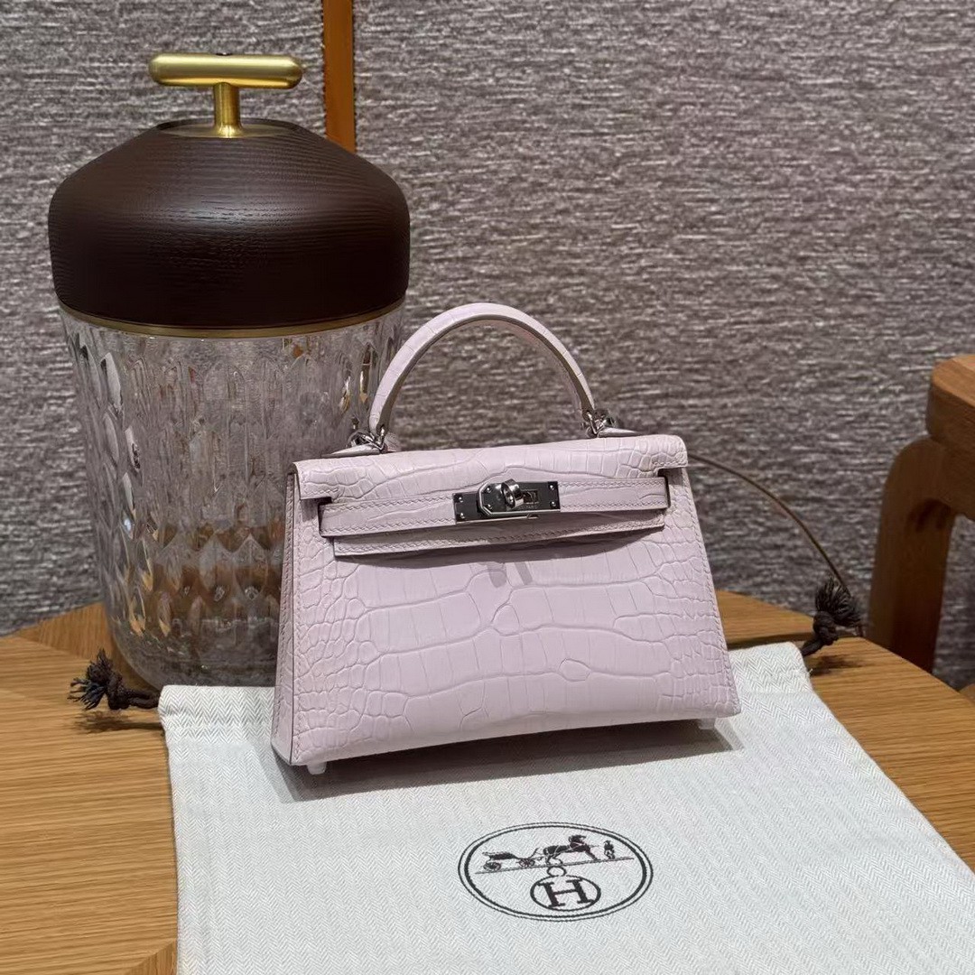 Hermes Kelly Mini 2 19CM Bag Handmade In Matte Alligator Leather from Mississippi Silver Hardware 09 Mauve Pale - Image 10