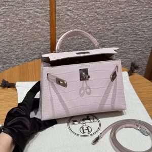 Hermes Kelly Mini 2 19CM Bag Handmade In Matte Alligator Leather from Mississippi Silver Hardware 09 Mauve Pale - Image 9