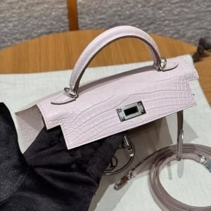 Hermes Kelly Mini 2 19CM Bag Handmade In Matte Alligator Leather from Mississippi Silver Hardware 09 Mauve Pale - Image 7