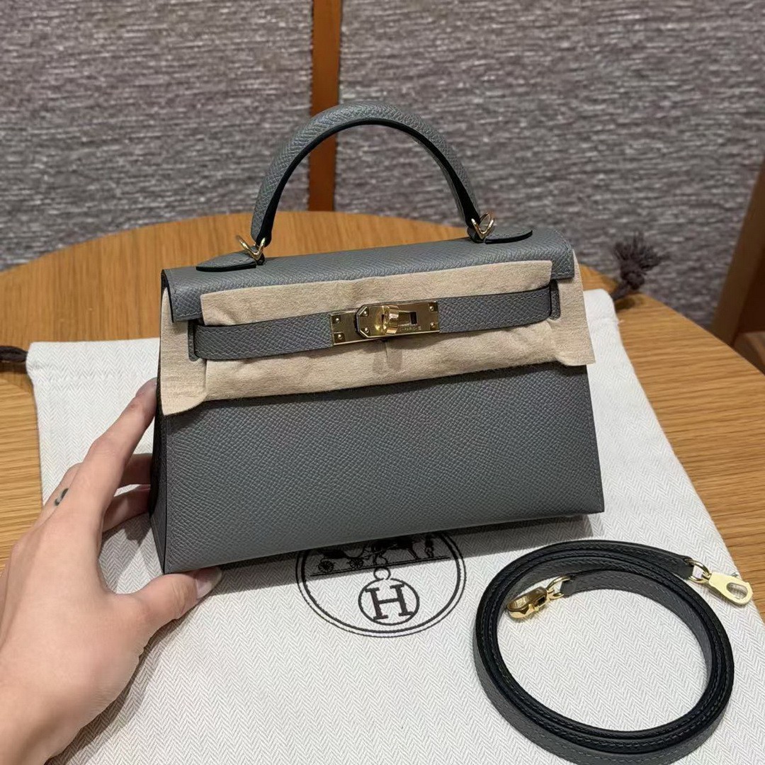 Hermes Kelly Mini 2 19CM Bag Handmade In Epsom Calfskin Leather Gold Hardware 0L Gris Mayer
