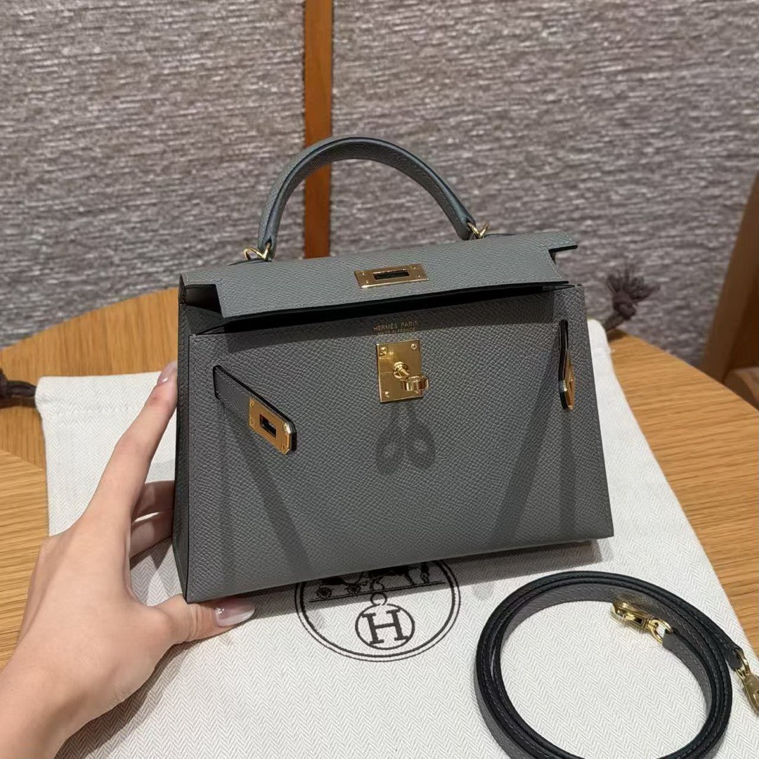 Hermes Kelly Mini 2 19CM Bag Handmade In Epsom Calfskin Leather Gold Hardware 0L Gris Mayer - Image 13