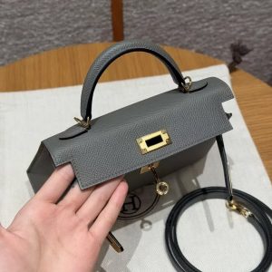 Hermes Kelly Mini 2 19CM Bag Handmade In Epsom Calfskin Leather Gold Hardware 0L Gris Mayer - Image 12