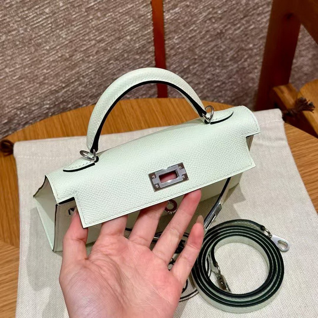 Hermes Kelly Mini 2 19CM Bag Handmade In Epsom Calfskin Leather Silver Hardware 0S Vert Fizz - Image 16