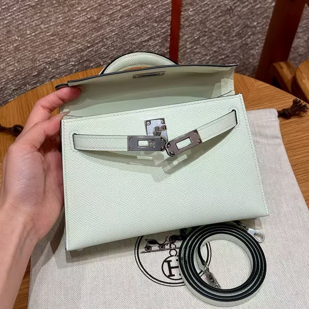 Hermes Kelly Mini 2 19CM Bag Handmade In Epsom Calfskin Leather Silver Hardware 0S Vert Fizz - Image 12