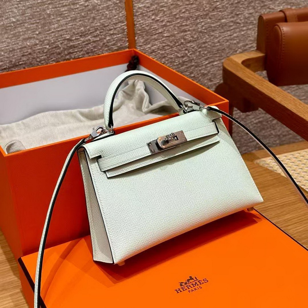 Hermes Kelly Mini 2 19CM Bag Handmade In Epsom Calfskin Leather Silver Hardware 0S Vert Fizz - Image 3