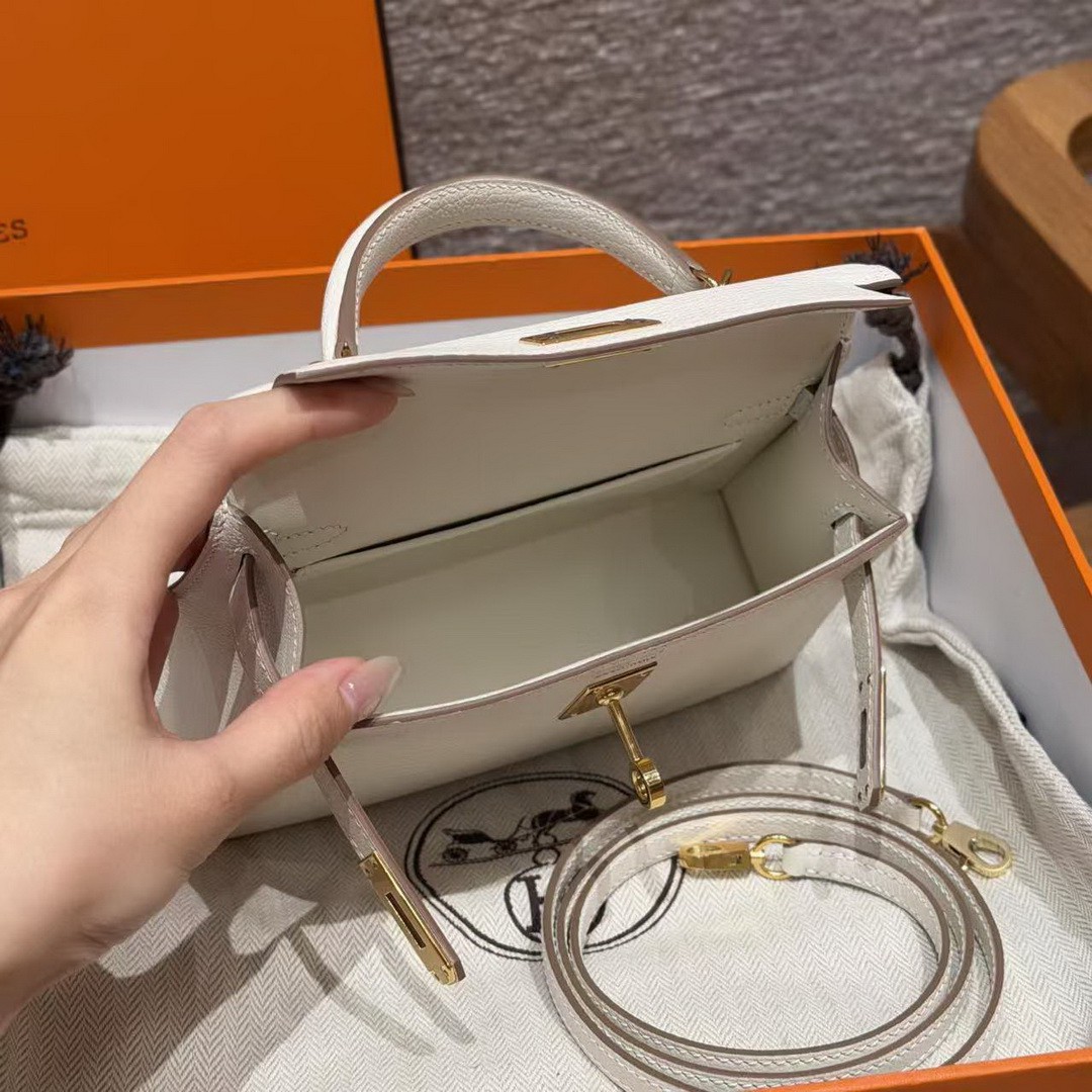 Hermes Kelly Mini 2 19CM Bag Handmade In Chèvre Calfskin Leather Gold Hardware 0T Mushroom - Image 18