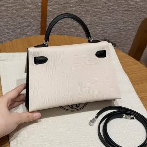 Hermes Kelly Mini 2 19CM Bag Handmade In Epsom Calfskin Leather Silver Hardware 10 Craie 89 Noir - Image 2