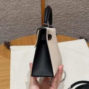 Hermes Kelly Mini 2 19CM Bag Handmade In Epsom Calfskin Leather Silver Hardware 10 Craie 89 Noir - Image 20