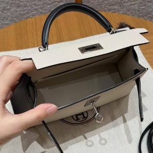 Hermes Kelly Mini 2 19CM Bag Handmade In Epsom Calfskin Leather Silver Hardware 10 Craie 89 Noir - Image 18