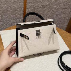 Hermes Kelly Mini 2 19CM Bag Handmade In Epsom Calfskin Leather Silver Hardware 10 Craie 89 Noir - Image 14