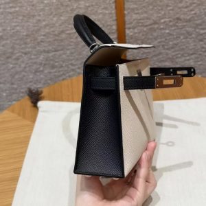 Hermes Kelly Mini 2 19CM Bag Handmade In Epsom Calfskin Leather Silver Hardware 10 Craie 89 Noir - Image 13