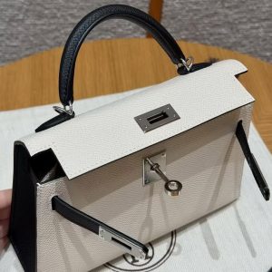 Hermes Kelly Mini 2 19CM Bag Handmade In Epsom Calfskin Leather Silver Hardware 10 Craie 89 Noir - Image 11