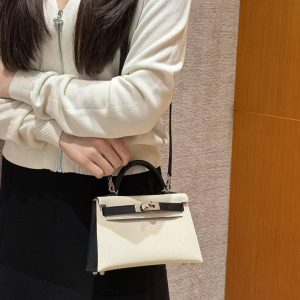 Hermes Kelly Mini 2 19CM Bag Handmade In Epsom Calfskin Leather Silver Hardware 10 Craie 89 Noir - Image 5