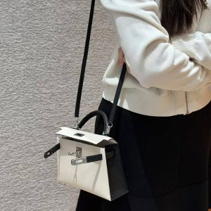 Hermes Kelly Mini 2 19CM Bag Handmade In Epsom Calfskin Leather Silver Hardware 10 Craie 89 Noir - Image 4