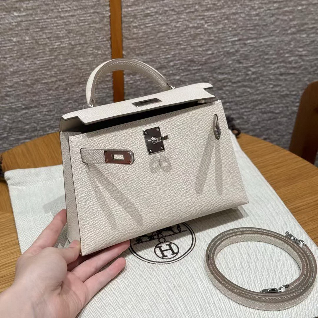 Hermes Kelly Mini 2 19CM Bag Handmade In Epsom Calfskin Leather Silver Hardware 10 Craie - Image 15