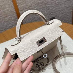 Hermes Kelly Mini 2 19CM Bag Handmade In Epsom Calfskin Leather Silver Hardware 10 Craie - Image 14