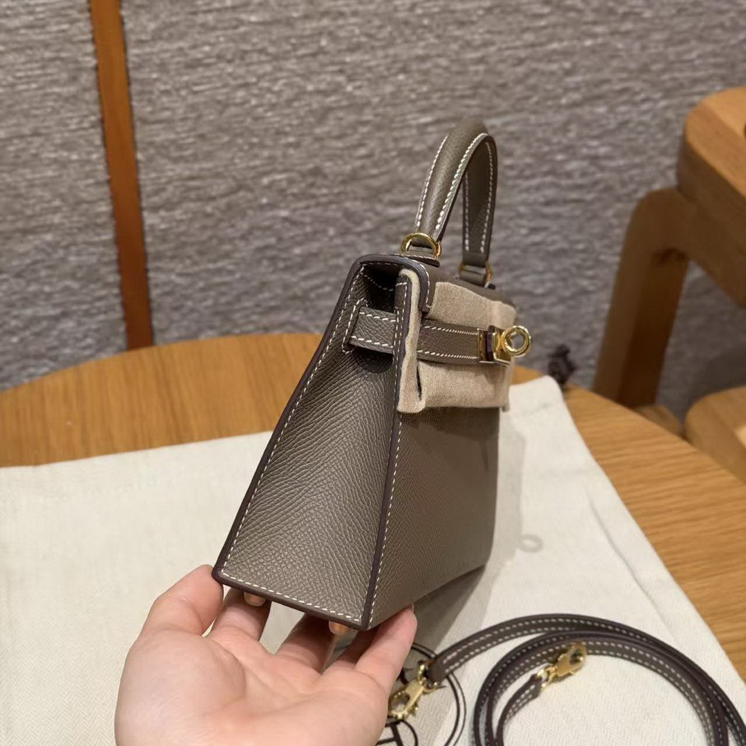 Hermes Kelly Mini 2 19CM Bag Handmade In Epsom Calfskin Leather Gold Hardware 18 Etoupe - Image 23