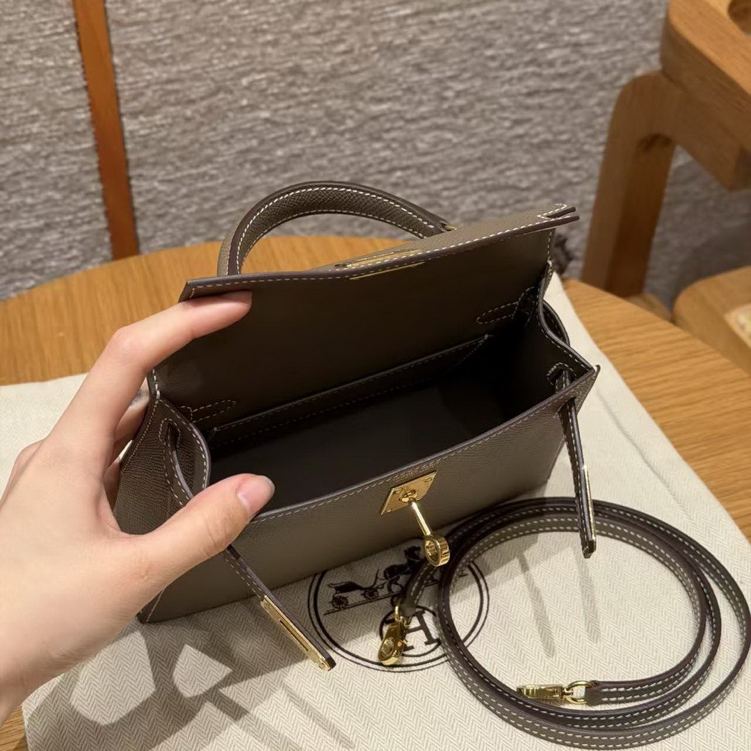 Hermes Kelly Mini 2 19CM Bag Handmade In Epsom Calfskin Leather Gold Hardware 18 Etoupe - Image 20