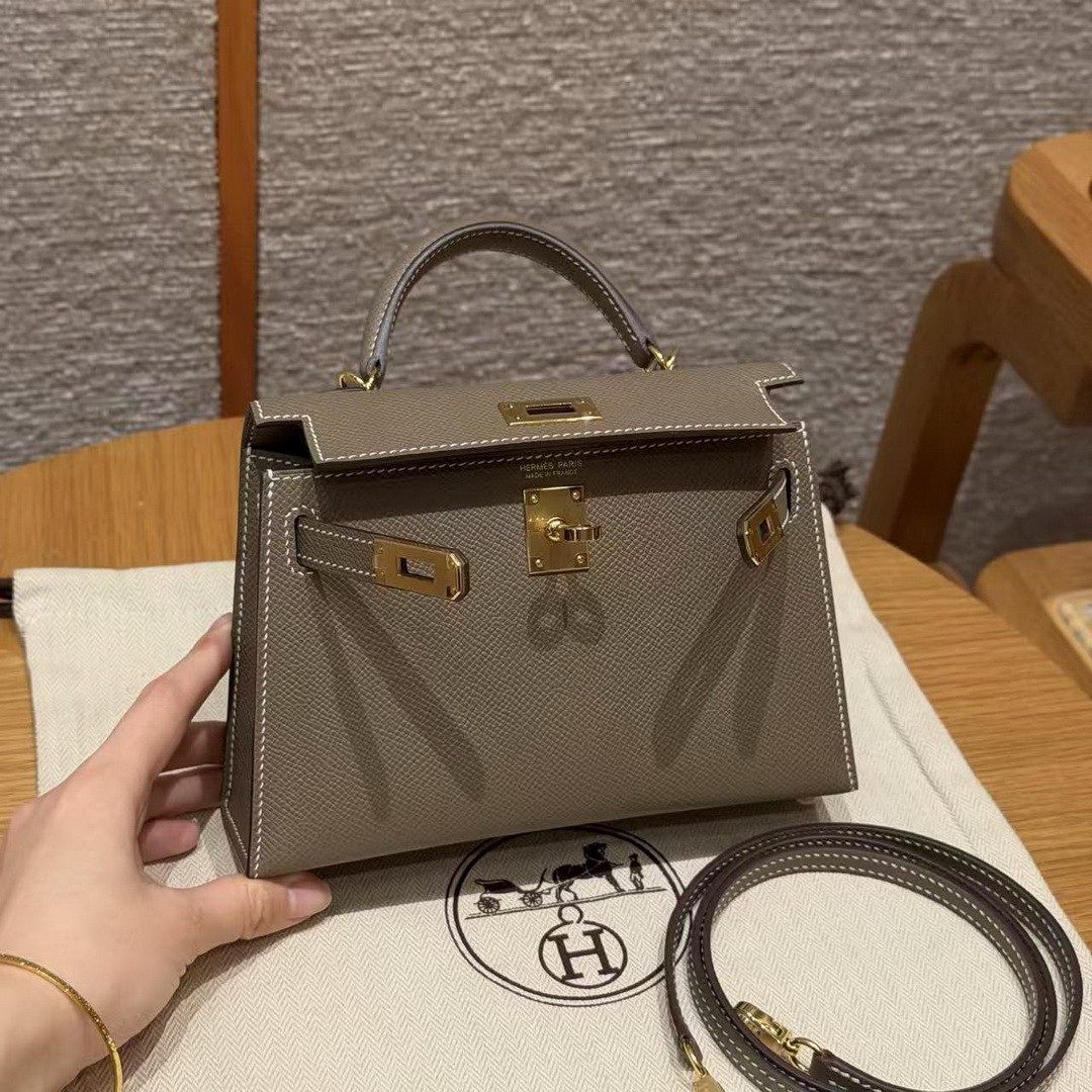 Hermes Kelly Mini 2 19CM Bag Handmade In Epsom Calfskin Leather Gold Hardware 18 Etoupe - Image 14
