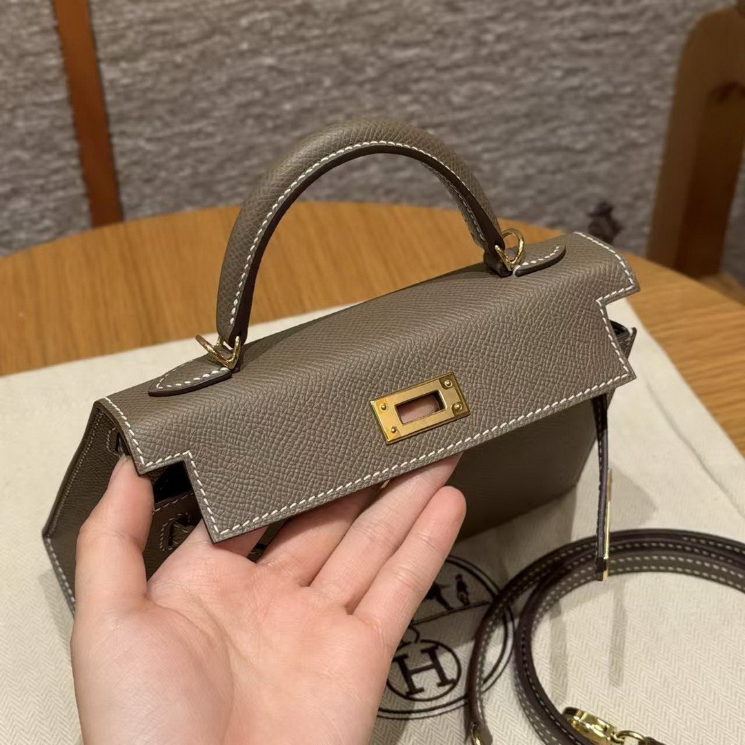 Hermes Kelly Mini 2 19CM Bag Handmade In Epsom Calfskin Leather Gold Hardware 18 Etoupe - Image 12
