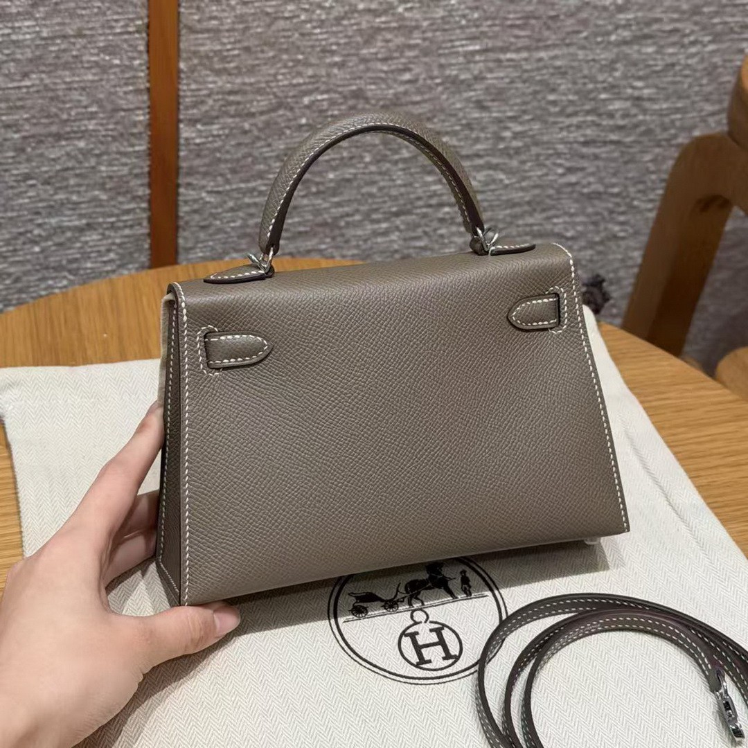 Hermes Kelly Mini 2 19CM Bag Handmade In Epsom Calfskin Leather Silver Hardware 18 Etoupe - Image 2
