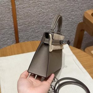 Hermes Kelly Mini 2 19CM Bag Handmade In Epsom Calfskin Leather Silver Hardware 18 Etoupe - Image 24